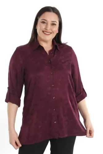 Angelino Büyük Beden Desenli Floş Viskoz Mürdüm Gömlek - 4