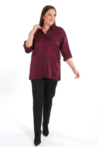 Angelino Büyük Beden Desenli Floş Viskoz Mürdüm Gömlek - 5