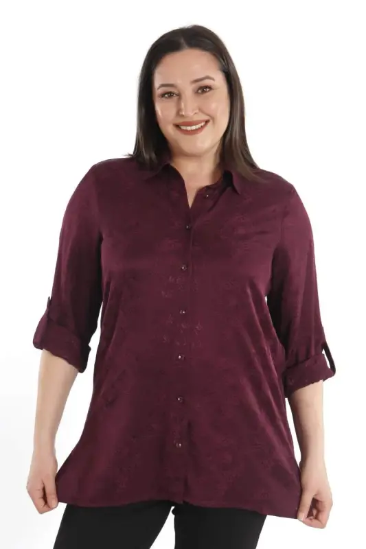 Angelino Büyük Beden Desenli Floş Viskoz Mürdüm Gömlek - 6