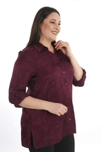 Angelino Büyük Beden Desenli Floş Viskoz Mürdüm Gömlek - BÜYÜKBEDENIZ (1)