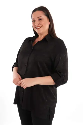 Angelino Büyük Beden Desenli Floş Viskoz Siyah Gömlek - BÜYÜKBEDENIZ (1)