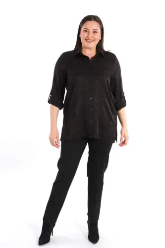 Angelino Büyük Beden Desenli Floş Viskoz Siyah Gömlek - 1