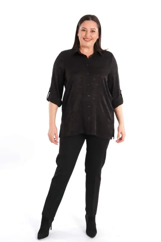Angelino Büyük Beden Desenli Floş Viskoz Siyah Gömlek - 1