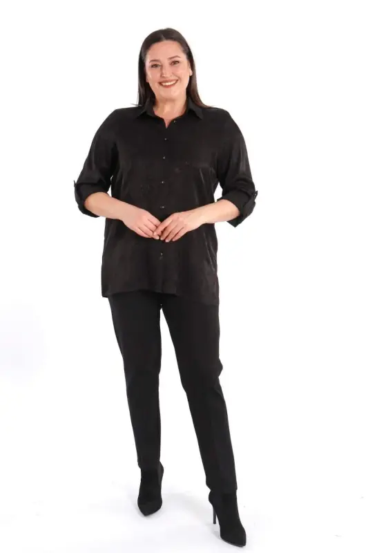 Angelino Büyük Beden Desenli Floş Viskoz Siyah Gömlek - 3