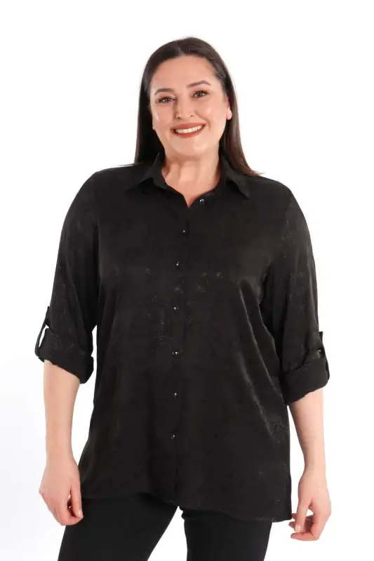 Angelino Büyük Beden Desenli Floş Viskoz Siyah Gömlek - 4