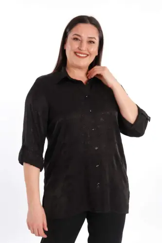 Angelino Büyük Beden Desenli Floş Viskoz Siyah Gömlek - 5