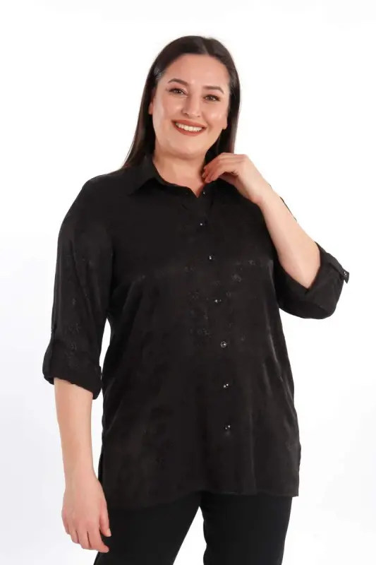 Angelino Büyük Beden Desenli Floş Viskoz Siyah Gömlek - 5