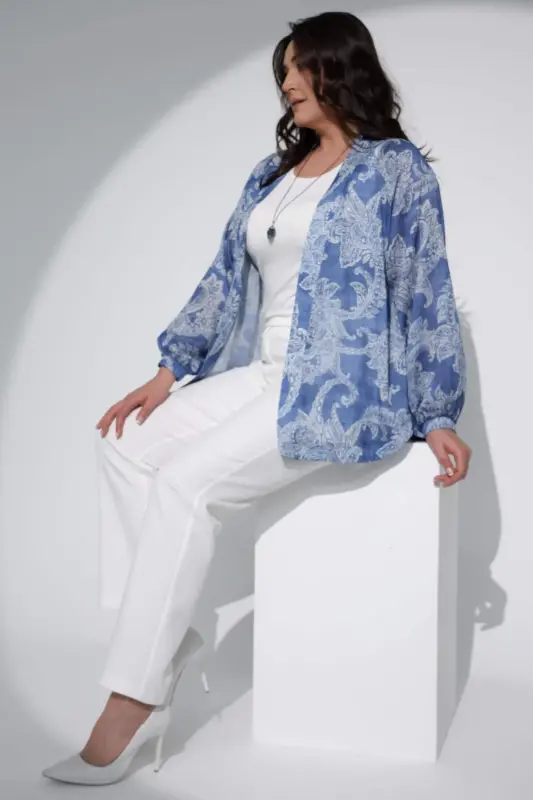 Angelino Büyük Beden Dijital Baskılı Şifon Mavi Ceket - 6