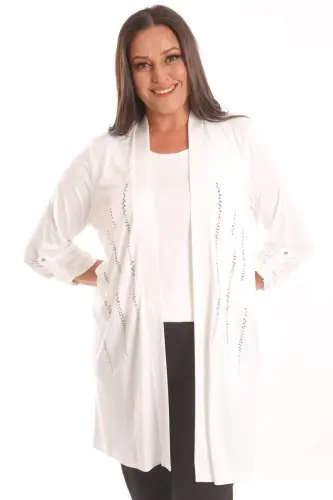 Angelino Büyük Beden Ekru Taş Baskılı Uzun Hırka - 3