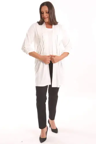 Angelino Büyük Beden Ekru Taş Baskılı Uzun Hırka - 4