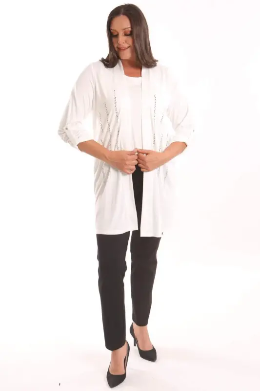 Angelino Büyük Beden Ekru Taş Baskılı Uzun Hırka - 4