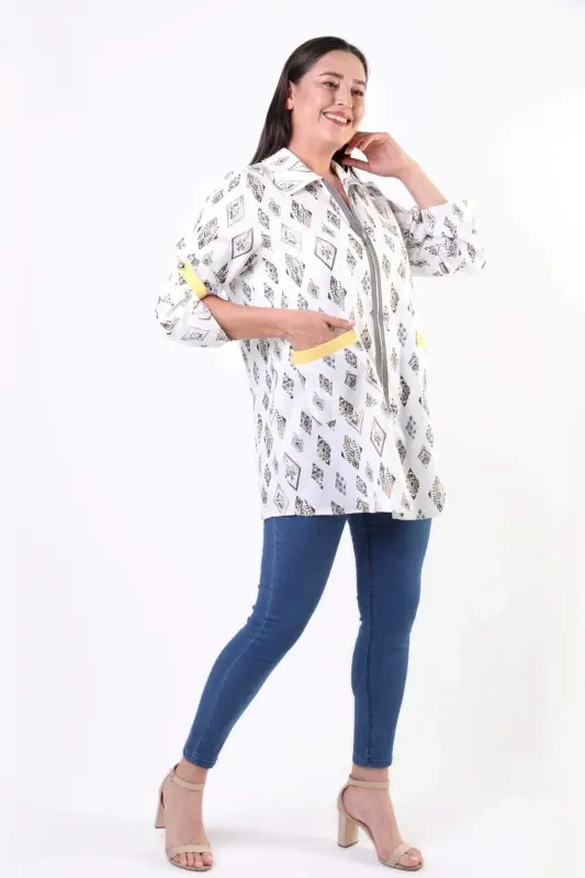 Angelino Büyük Beden Etnik Desen Fermuarlı Antrasit Ceket - 2