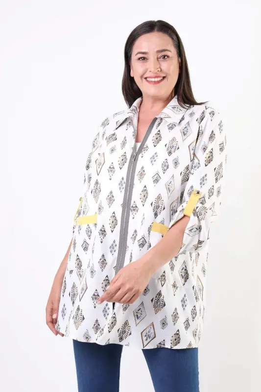 Angelino Büyük Beden Etnik Desen Fermuarlı Antrasit Ceket - 3