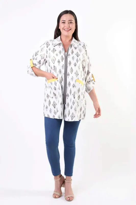 Angelino Büyük Beden Etnik Desen Fermuarlı Antrasit Ceket - 4