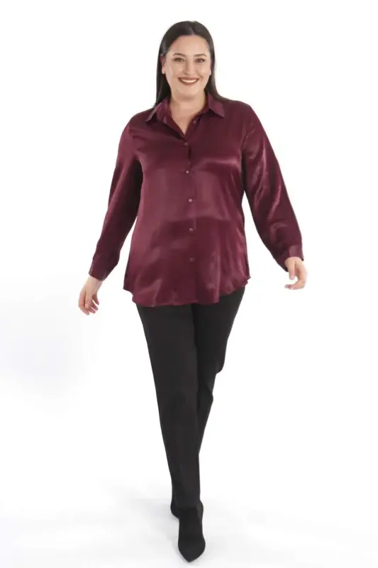 Angelino Büyük Beden Floş Viskoz Bordo Basic Gömlek - 4