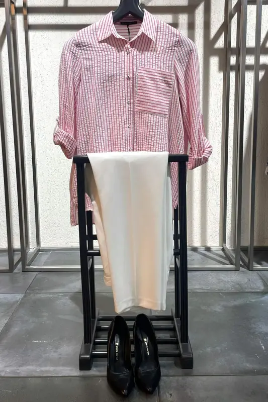 Angelino Büyük Beden Fuşya Çizgili Tek Cepli Gömlek - BÜYÜKBEDENIZ