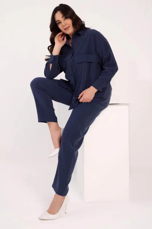 Angelino Büyük Beden İndigo Beli Lastikli Pantolon - 5