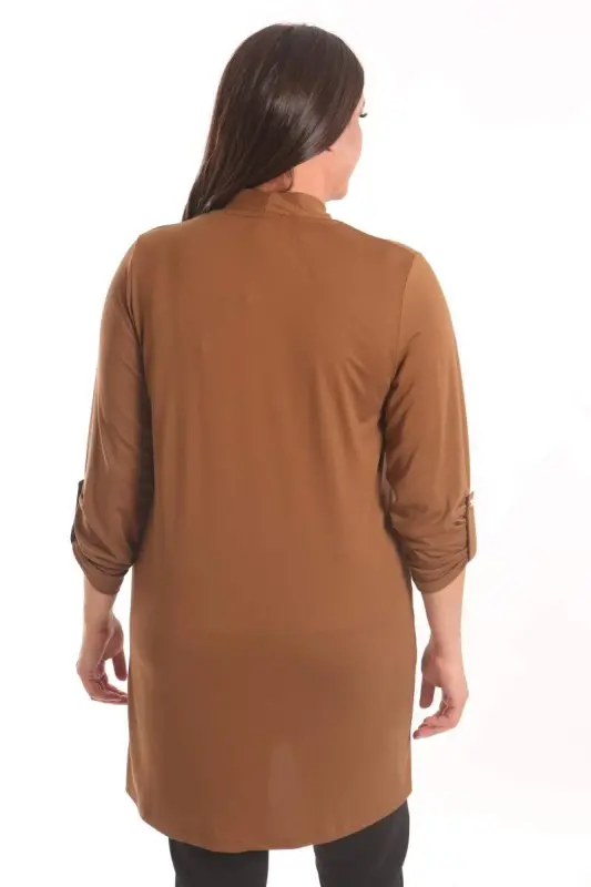 Angelino Büyük Beden Kahverengi Daire Desen Taş Baskılı Uzun Hırka - 5