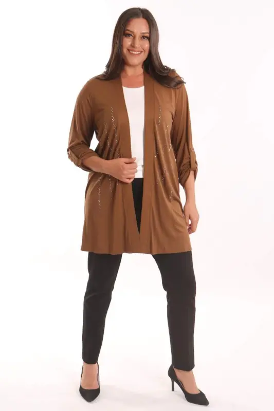 Angelino Büyük Beden Kahverengi Taş Baskılı Uzun Hırka - 2