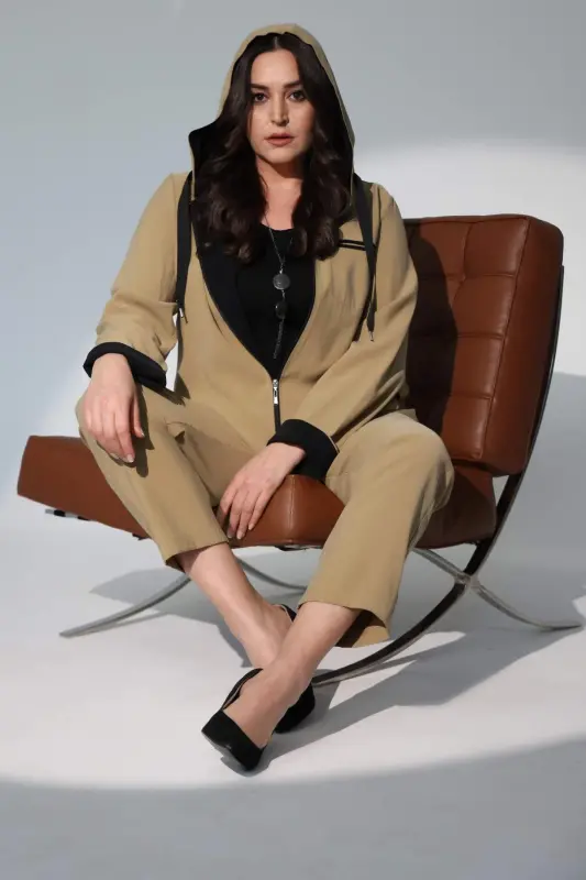 Angelino Büyük Beden Kapüşonlu Fermuarlı Bej Trençkot - 6