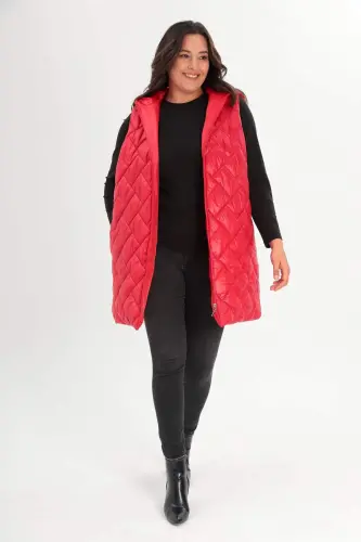 Angelino Büyük Beden Kapüşonlu ve Cep detaylı Uzun Büyük Beden Kırmızı Şişme Yelek - 1