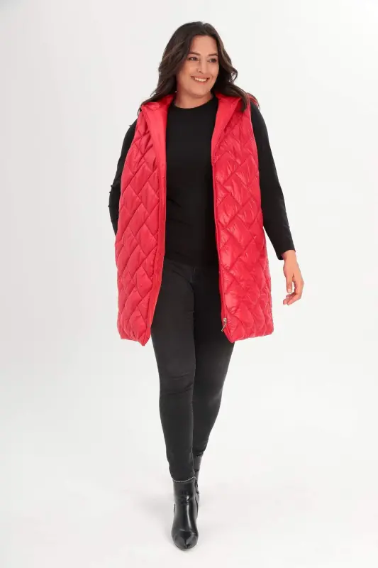 Angelino Büyük Beden Kapüşonlu ve Cep detaylı Uzun Büyük Beden Kırmızı Şişme Yelek - BÜYÜKBEDENIZ