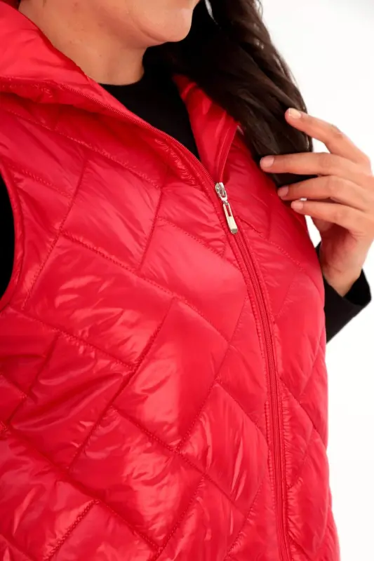 Angelino Büyük Beden Kapüşonlu ve Cep detaylı Uzun Büyük Beden Kırmızı Şişme Yelek - 3