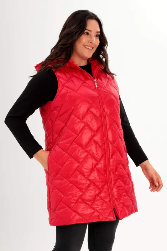 Angelino Büyük Beden Kapüşonlu ve Cep detaylı Uzun Büyük Beden Kırmızı Şişme Yelek - 2