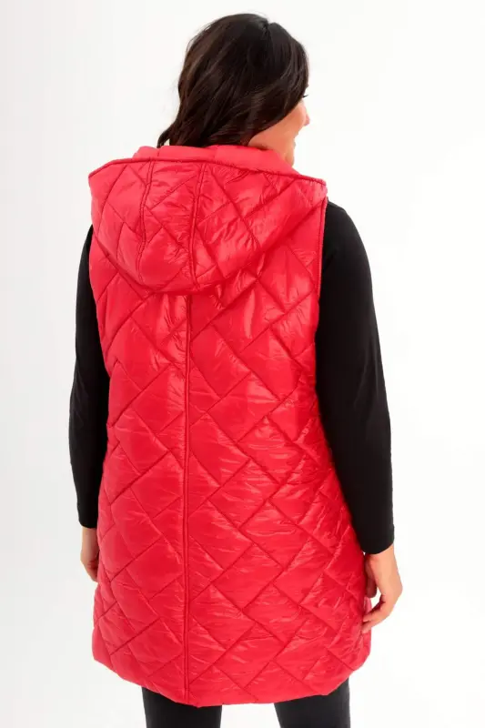 Angelino Büyük Beden Kapüşonlu ve Cep detaylı Uzun Büyük Beden Kırmızı Şişme Yelek - 4