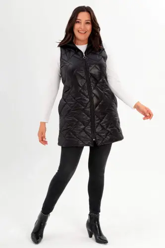 Angelino Büyük Beden Kapüşonlu ve Cep detaylı Uzun Büyük Beden Siyah Şişme Yelek - 1