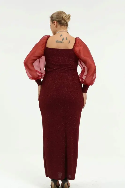 Angelino Büyük Beden Kare Yaka Karpuz Kol Simli Abiye Elbise Bordo KL8030 - 6