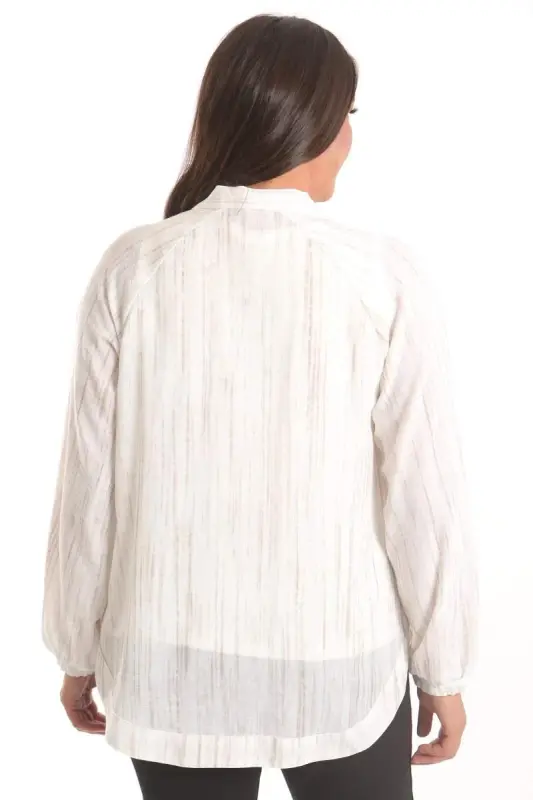 Angelino Büyük Beden Kumaşı Çizgili Kolları Lastikli Oversize Ekru Ceket - 5