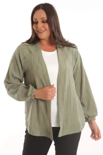 Angelino Büyük Beden Kumaşı Çizgili Kolları Lastikli Oversize Haki Ceket - 4