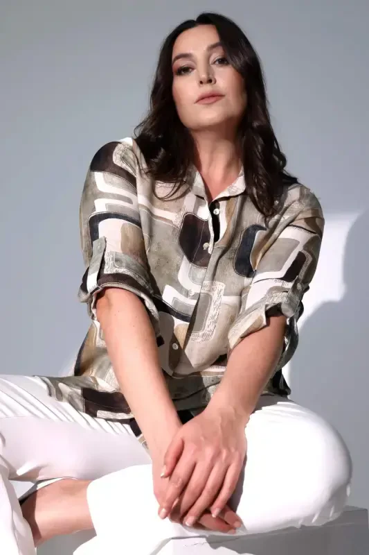 Angelino Büyük Beden Labirent Desenli Haki Gömlek - 11