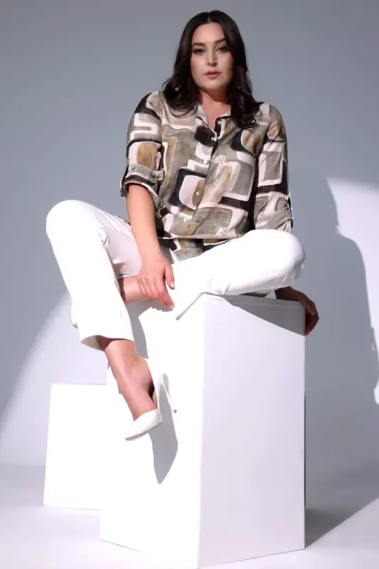 Angelino Büyük Beden Labirent Desenli Haki Gömlek - 2
