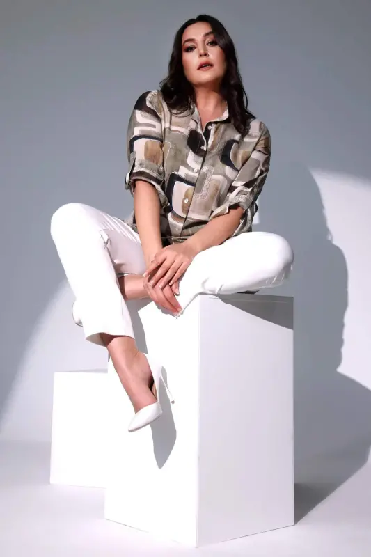 Angelino Büyük Beden Labirent Desenli Haki Gömlek - 5