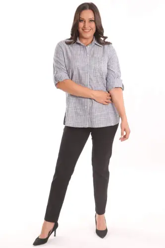 Angelino Büyük Beden Lacivert Cebi Taş Baskılı Çizgili Gömlek - 4