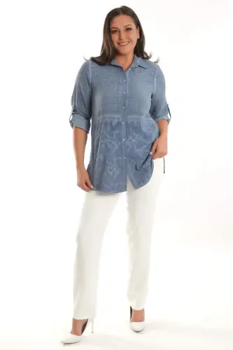 Angelino Büyük Beden Lacivert Ön Alt Nakışlı Batik Yıkamalı Gömlek - 1