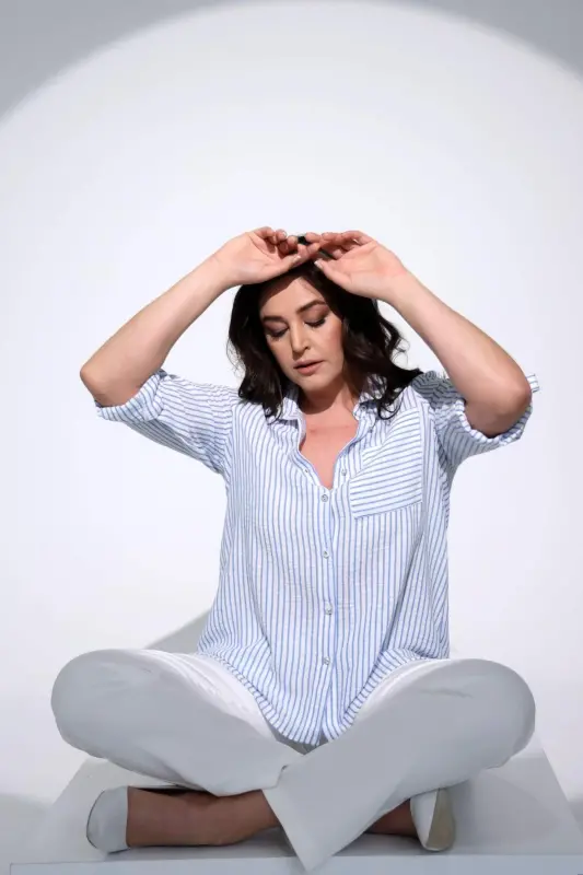 Angelino Büyük Beden Mavi Çizgili Tek Cepli Gömlek - 2