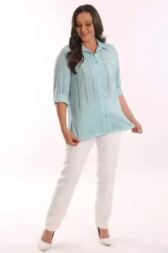 Angelino Büyük Beden Mint Taş Baskılı Batik Yıkamalı Gömlek - 4