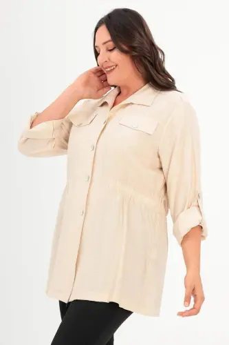 Angelino Büyük Beden Omuz Apoletli Cep Kapaklı Bej Trençkot - 3