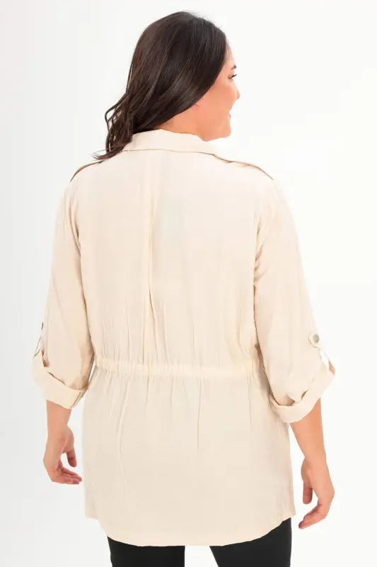 Angelino Büyük Beden Omuz Apoletli Cep Kapaklı Bej Trençkot - 5