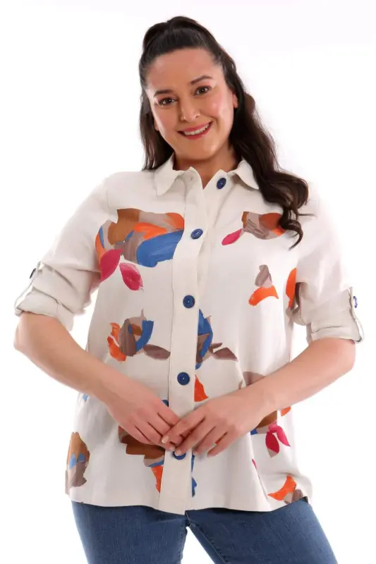 Angelino Büyük Beden Ön Yaprak Baskılı Ceket Saks - 1