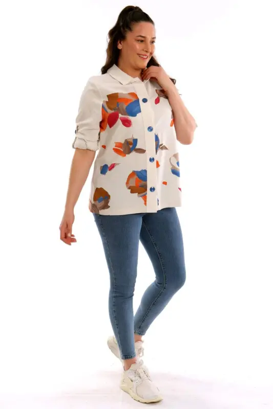 Angelino Büyük Beden Ön Yaprak Baskılı Ceket Saks - 4