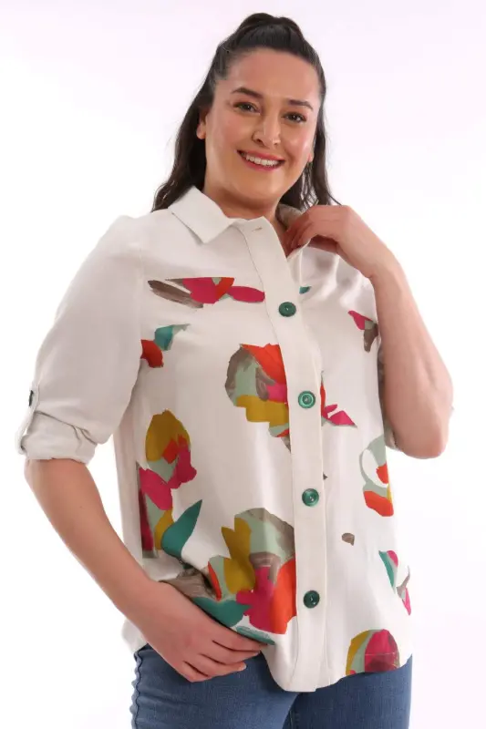 Angelino Büyük Beden Ön Yaprak Baskılı Ceket Yeşil - 1