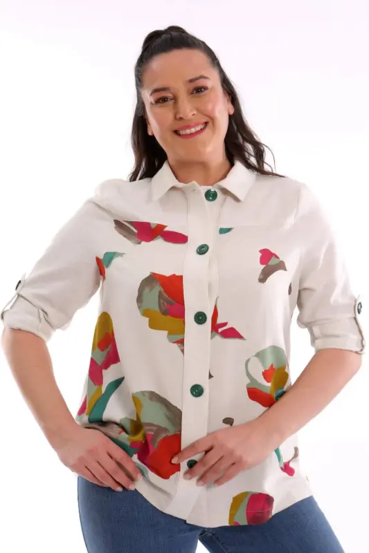 Angelino Büyük Beden Ön Yaprak Baskılı Ceket Yeşil - 3