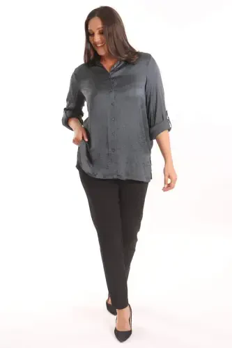 Angelino Büyük Beden Petrol Yeşili Kraşlı Saten Gömlek - 4