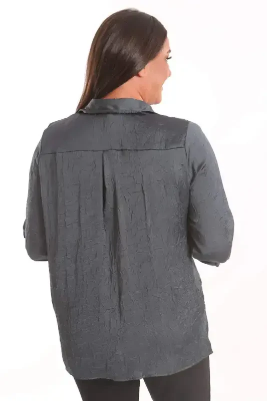 Angelino Büyük Beden Petrol Yeşili Kraşlı Saten Gömlek - 5