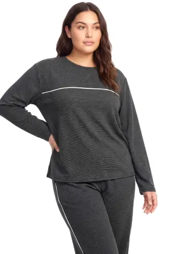 Angelino Büyük Beden Şerit Detaylı Kalın Uzun Kollu Kadın Pijama Takımı Antrasit - BÜYÜKBEDENIZ (1)