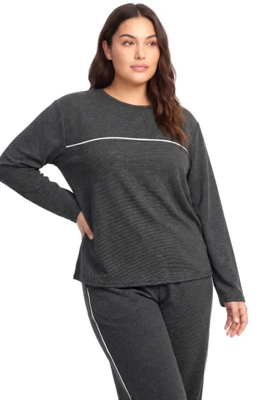 Angelino Büyük Beden Şerit Detaylı Kalın Uzun Kollu Kadın Pijama Takımı Antrasit - 2